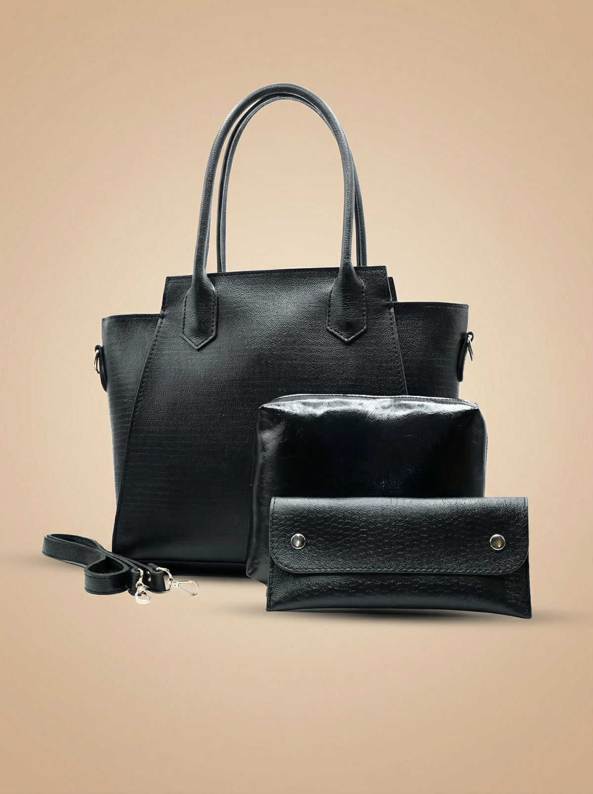 Aurora Box Tote Bag for Women – Black Structured Handbag with Long Strap & Pouch
