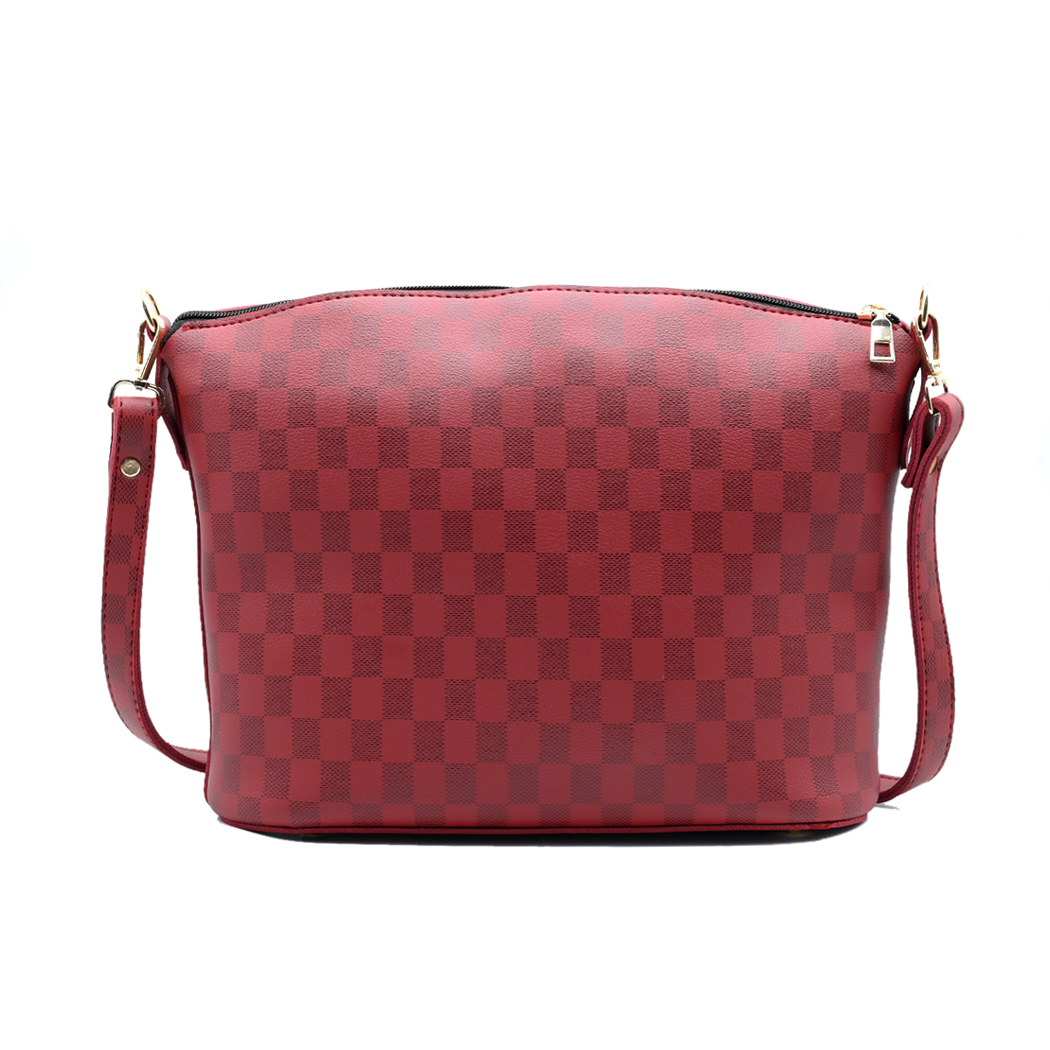 Chroma Check Shoulder Bag – Maroon Checkered Handbag with Long Strap