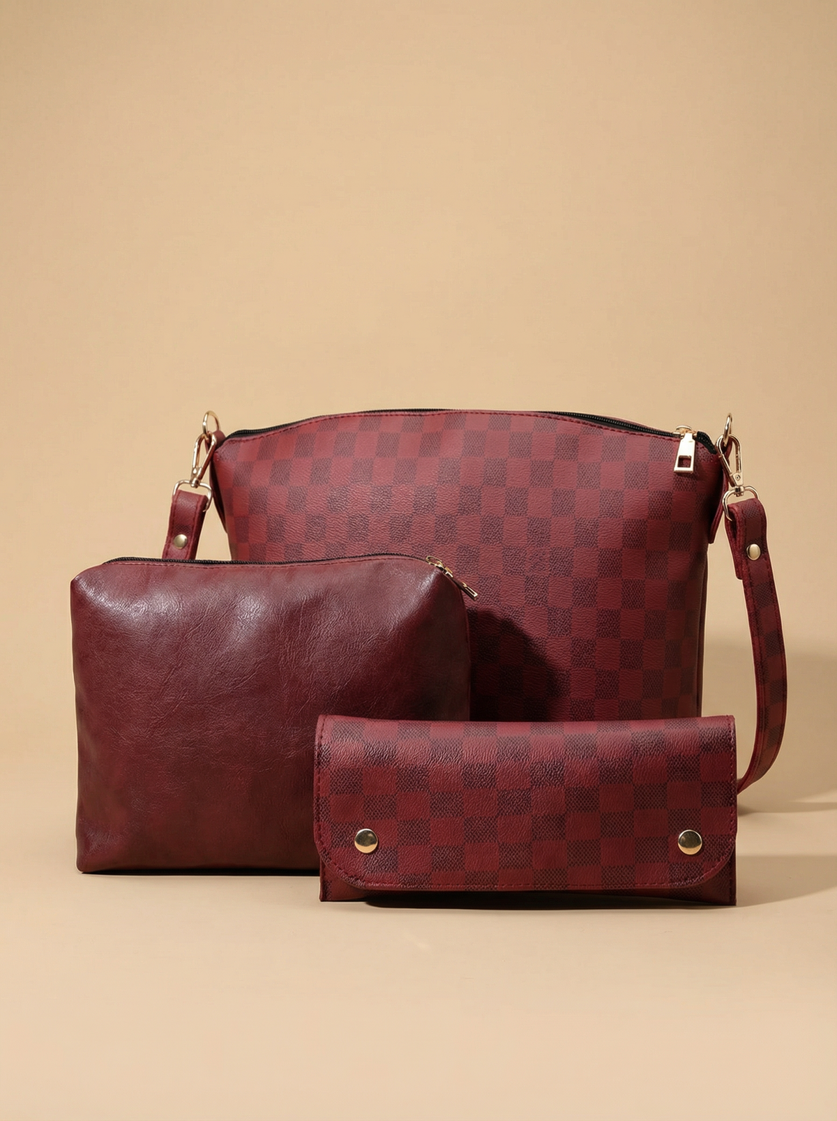 Chroma Check Shoulder Bag – Maroon Checkered Handbag with Long Strap