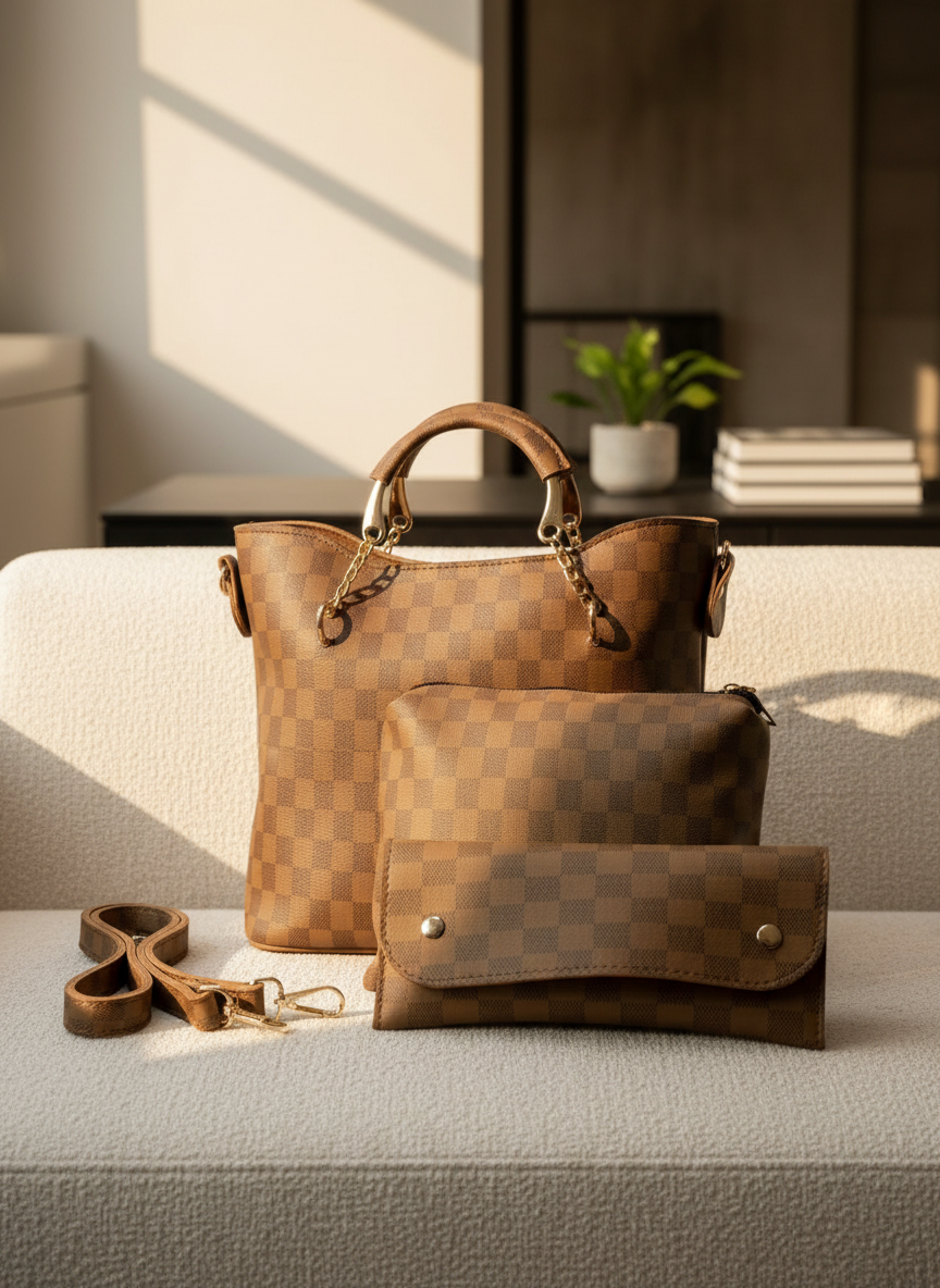 Brown Checkered Tote Handbag for Women