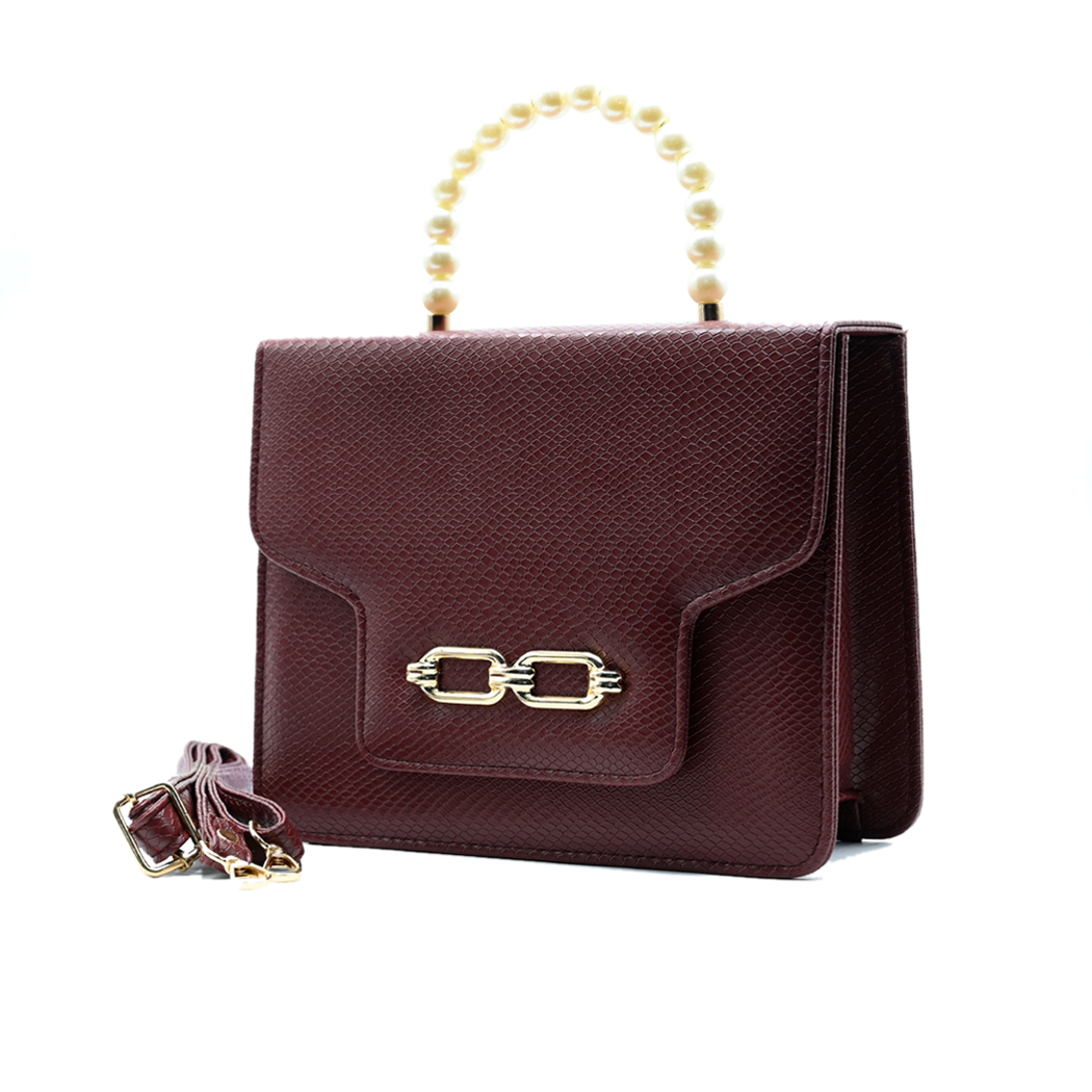 Lustre Pearl Tote – Elegant Maroon Handbag with Pearl Handle