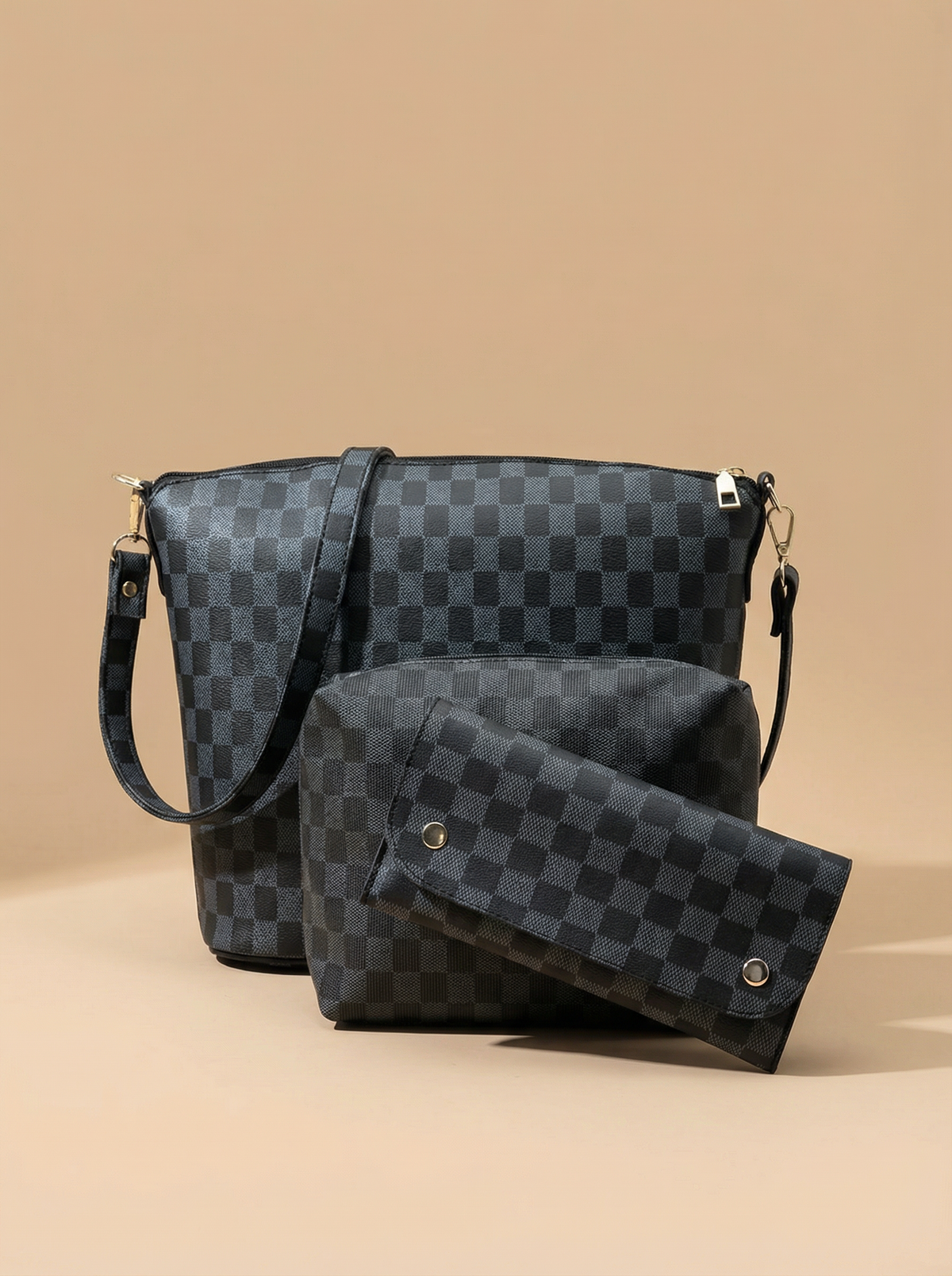 Chroma Check Shoulder Bag – Elegant Black Checkered Handbag with Long Strap