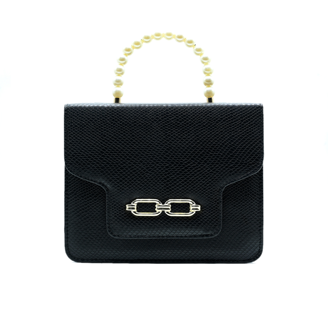 Lustre Pearl Tote – Classic Black Handbag with Pearl Handle