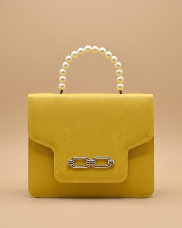 Lustre Pearl Tote – Vibrant Yellow Handbag with Pearl Handle
