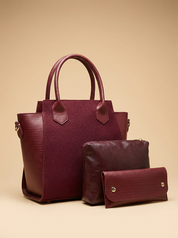 Aurora Box Tote Bag for Women – Maroon Structured Handbag with Long Strap & Pouch